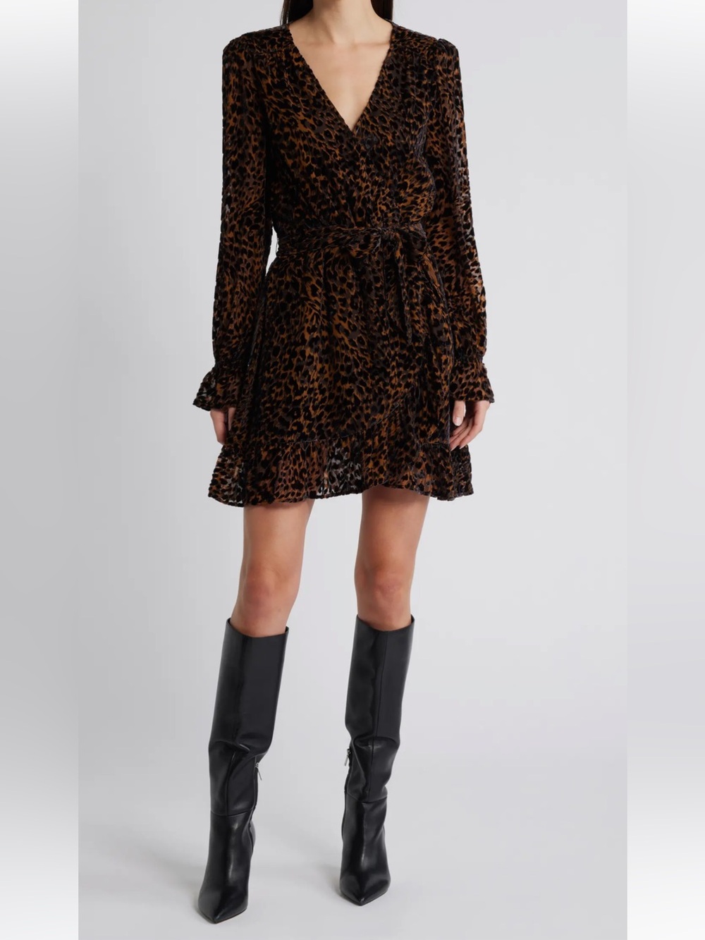 PAIGE Long-Sleeve Leopard Wrap Dress in Brown and Black